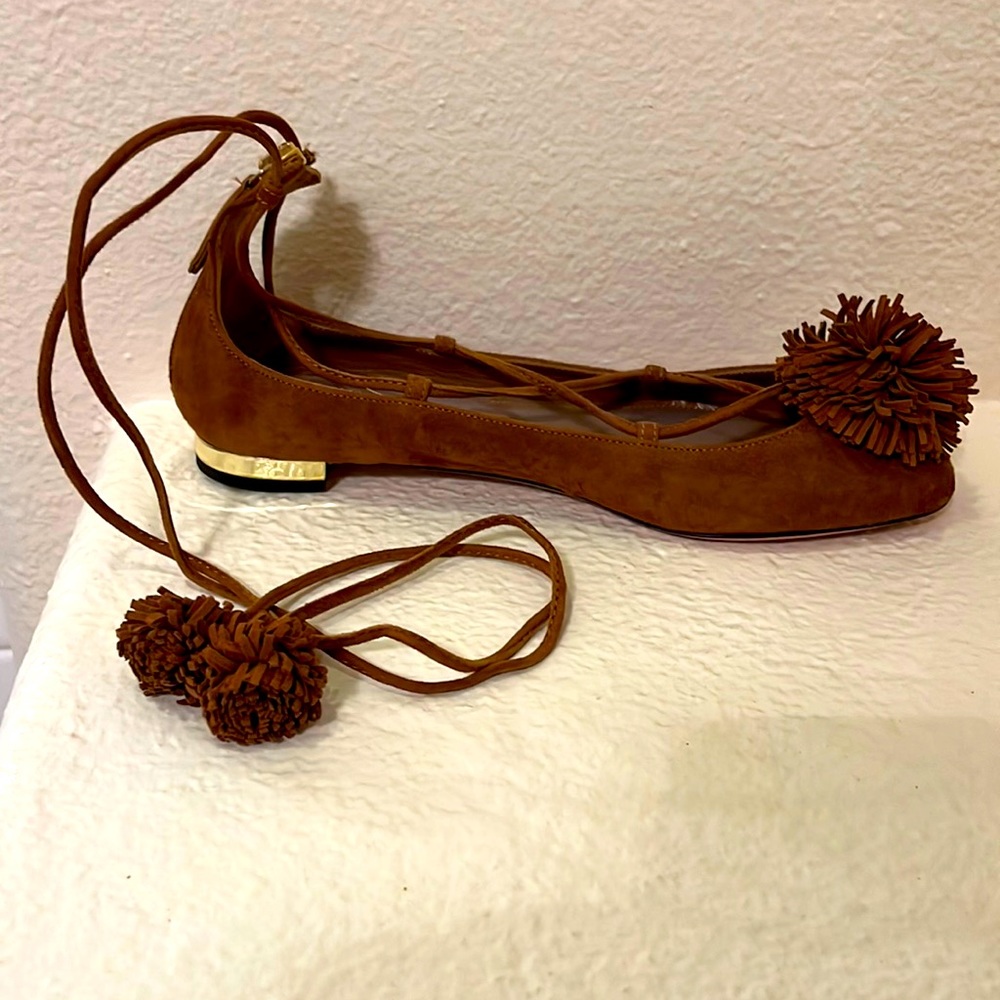 Aquazzura Pom Pom Ballerina Lace-up Flats